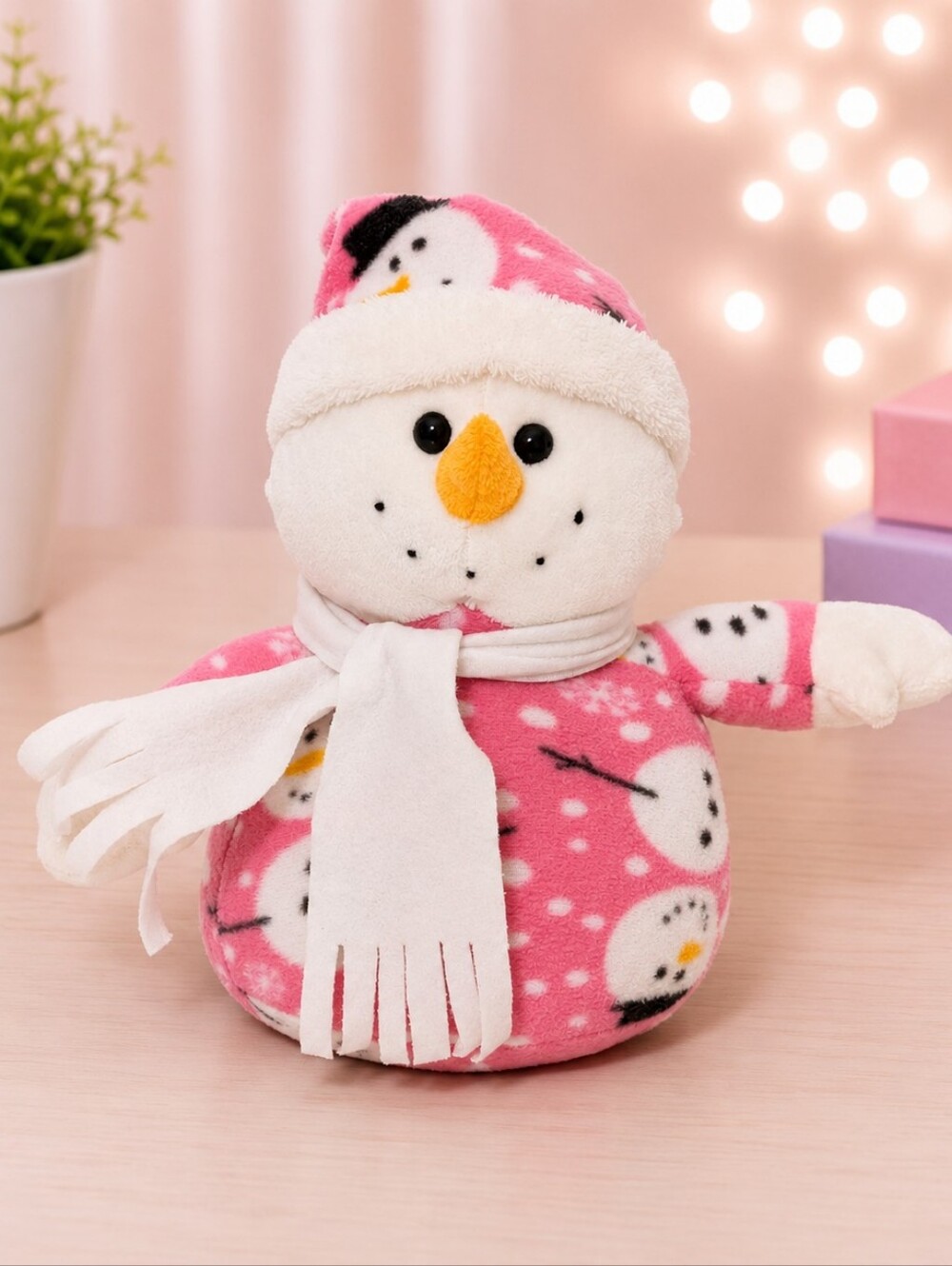 Pink Snowman Plush Christmas Holiday Decor 11”